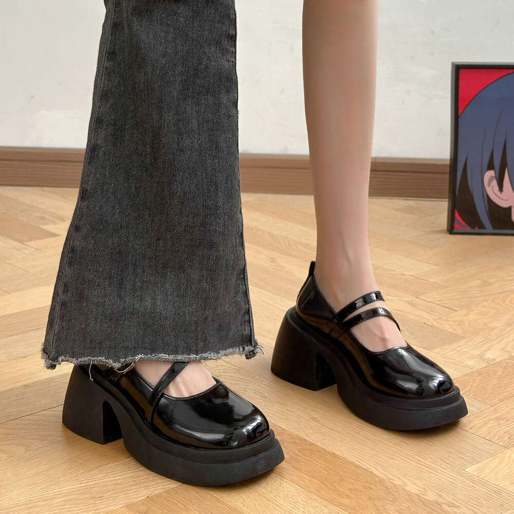 Shallow Mouth Thick Sole Versatile British Style Women's Leather Shoes Chunky Heel Round Toe Mary Jane Flats