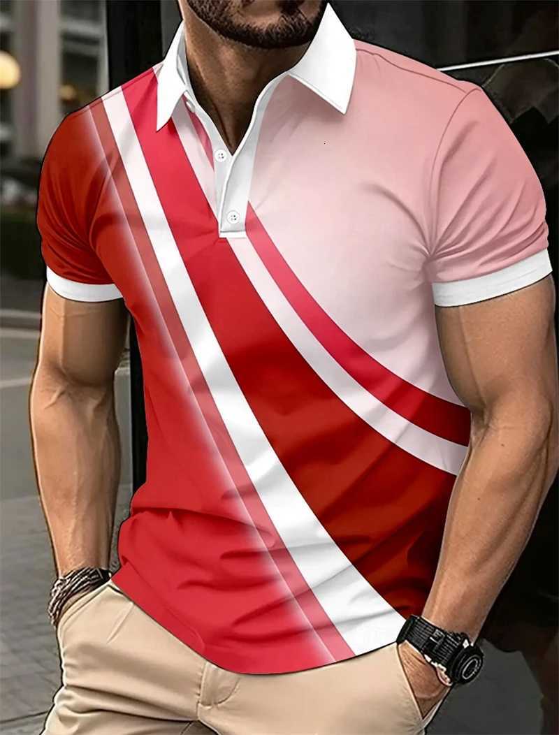 Summer Mens Geometric Line Fashion Trendy Short Sleeve 3D Printed Collared Shirts Business Casual Oversized Tees Tops Y250819