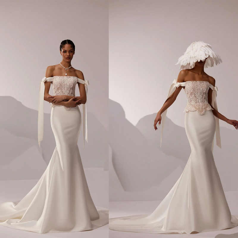 Dainty Chic Corset Lace Wedding Dress Modern Off-the-shoulder Vintage Satin Mermaid Bridal Gown Customized For Women