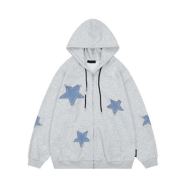 American Style Star Patch Hooded Sweatshirt Autumn Winter Fleece Loose Casual Couple Cardigan Jacket