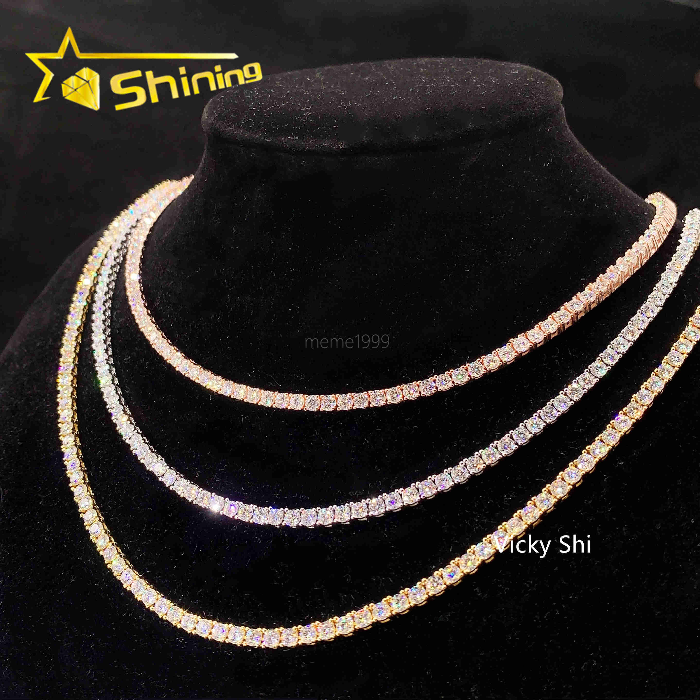 Fast Shipping Hip Hop Iced Out 3mm Moissanite Tennis Chain Men Women 925 Silver Moissanite Tennis Necklace GRA Certificated