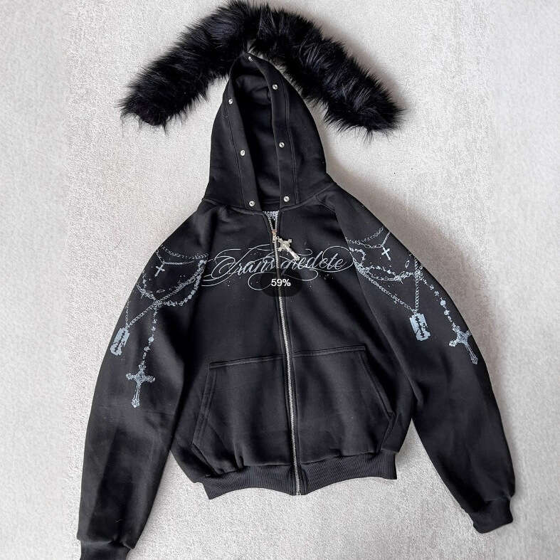 Autumn Winter Hoodie Loose Letter Print Zipper Sweatshirt Unisex Detachable Fur Collar High Street Dark Style B5