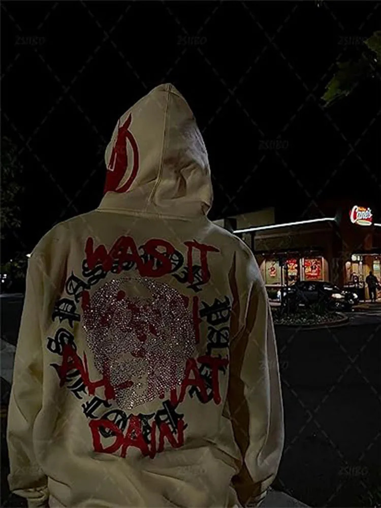 BIG PROMOTION European and American hip-hop letters rhinestone print street hip-hop rock Gothic loose zipper fashion hoodie 250815