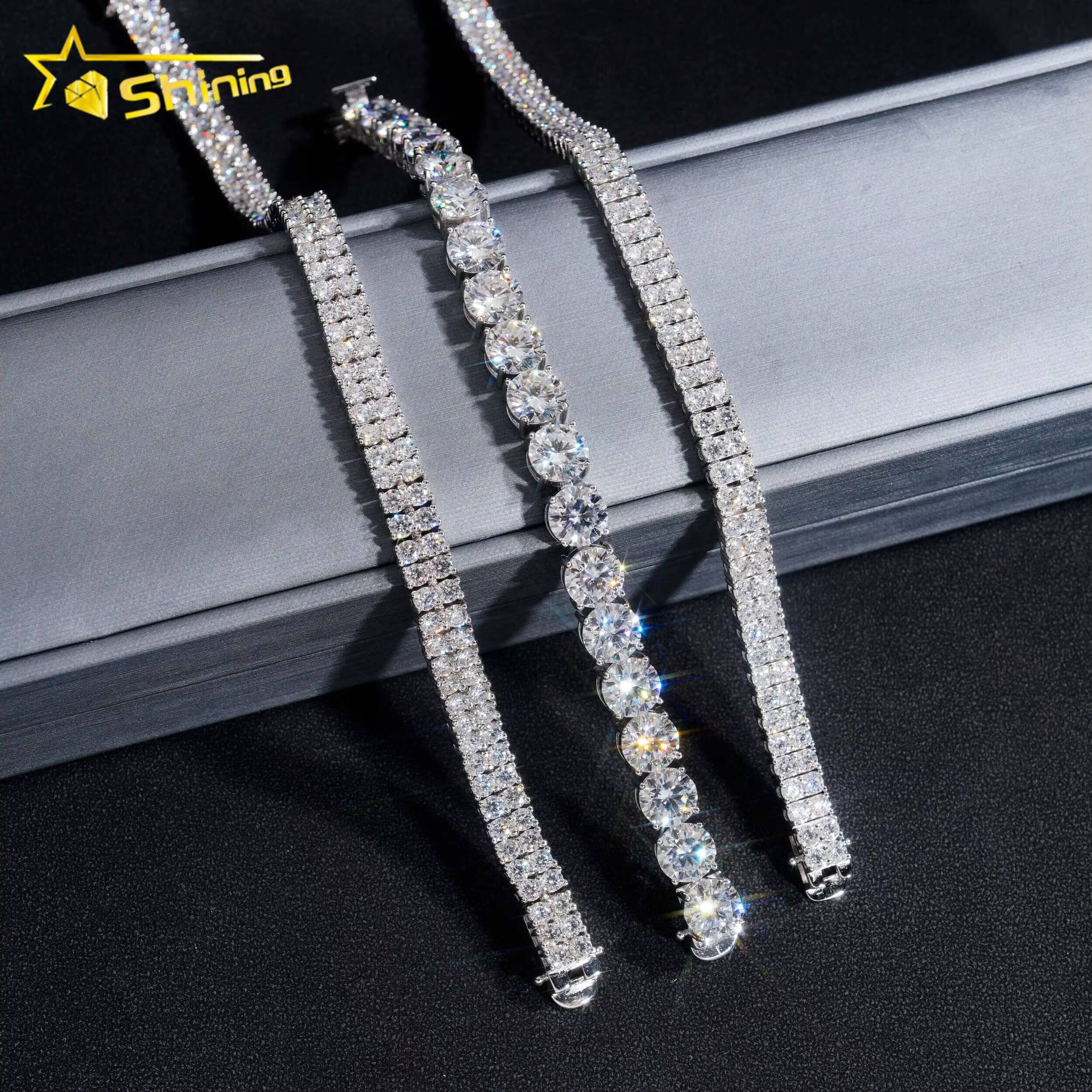 Hip Hop High Quality One Row Double Row Silver Men VVS Moissanite Tennis Chain Bracelet