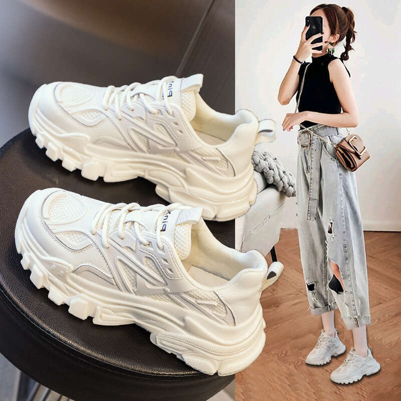 Women's Versatile 2023 Autumn New Mesh Breathable Non-Slip Dad Sneakers Thick Sole Casual Sports Shoes for Women