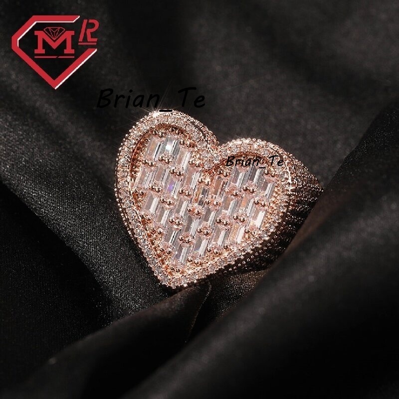 Full Iced Chunky Heart Shaped Moissanite Ring 925 Silver Icy Baguette Moissanite Diamond Hip Hop Ring for Women