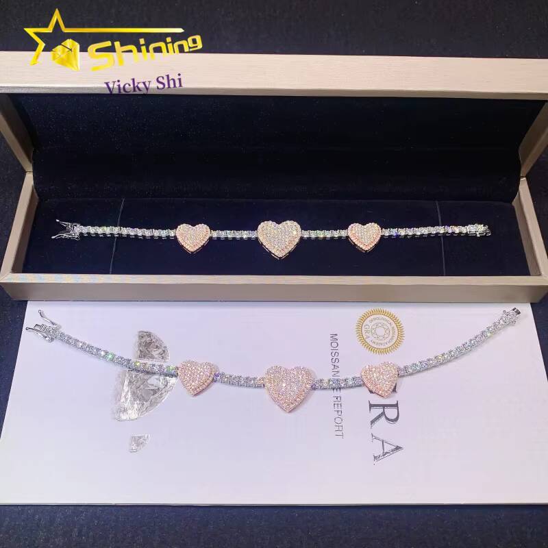 New Design Fine Jewelry Pass Diamond Tester 925 Sterling Silver Two Tones Heart Shape Moissanite Tennis Bracelet