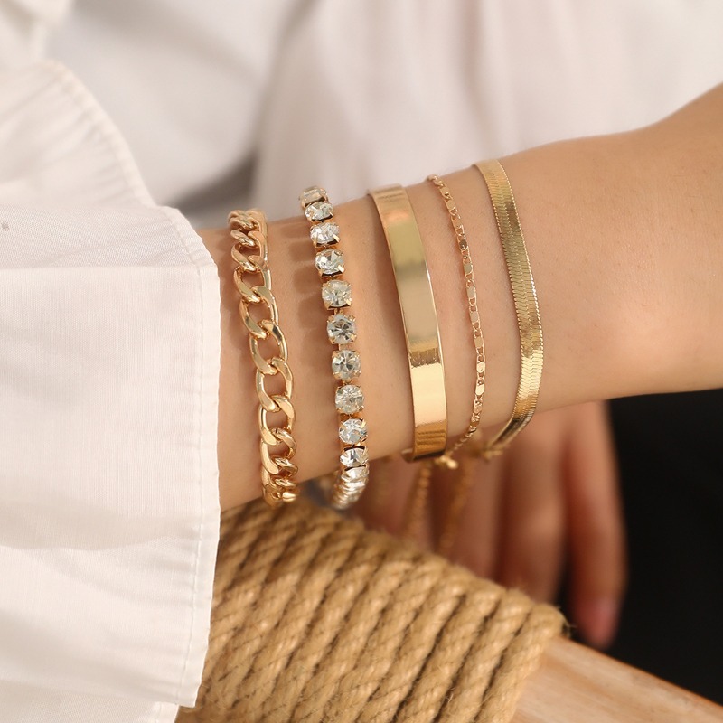 Elegant Gold & Diamonds 5-Piece Combined Bracelets - Chic Minimalist Jewelry Collection