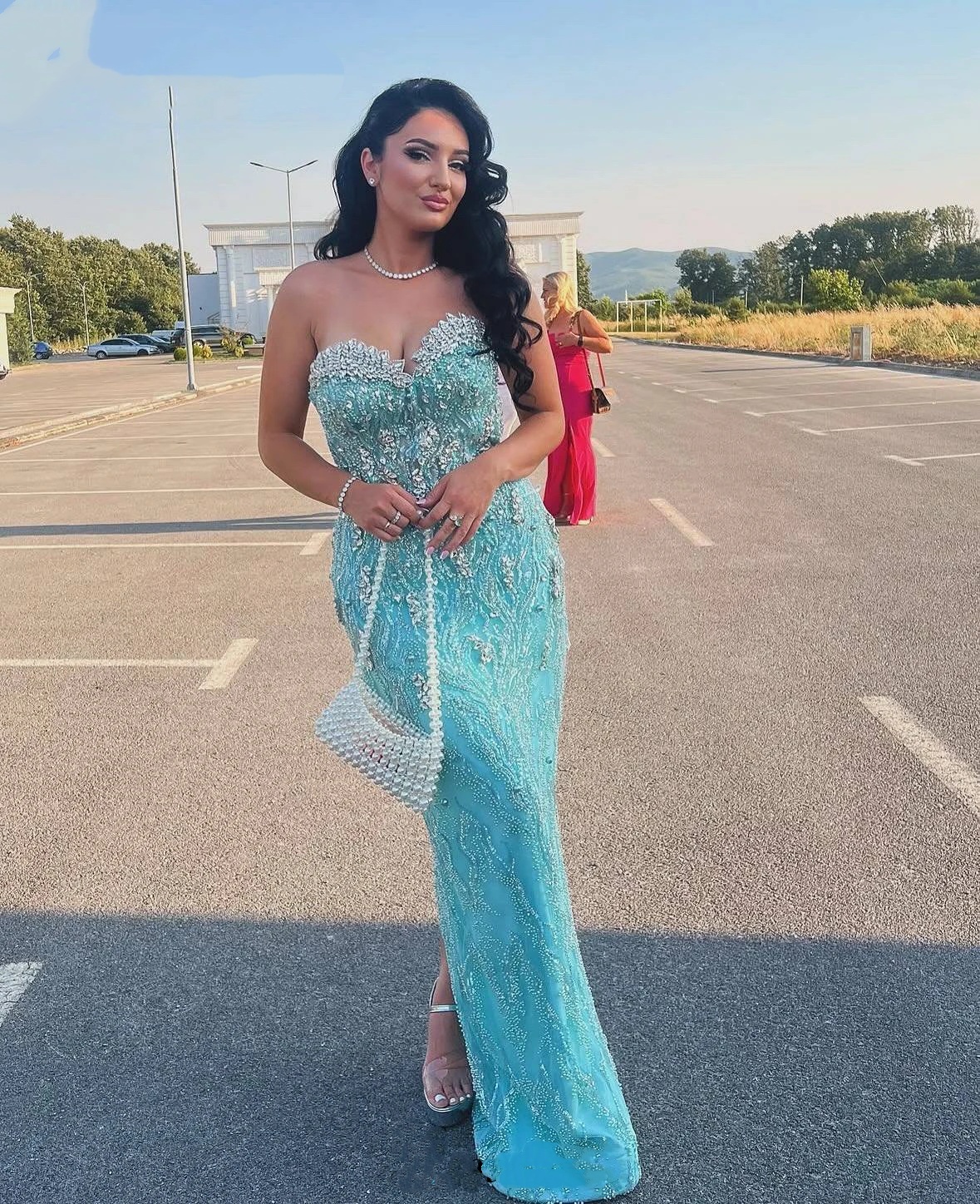 Sparkly Mermaid Evening Dresses For Women Sweetheart Neck Sleeveless Gown Crystal Split Floor Length Dress Party Customized Dress