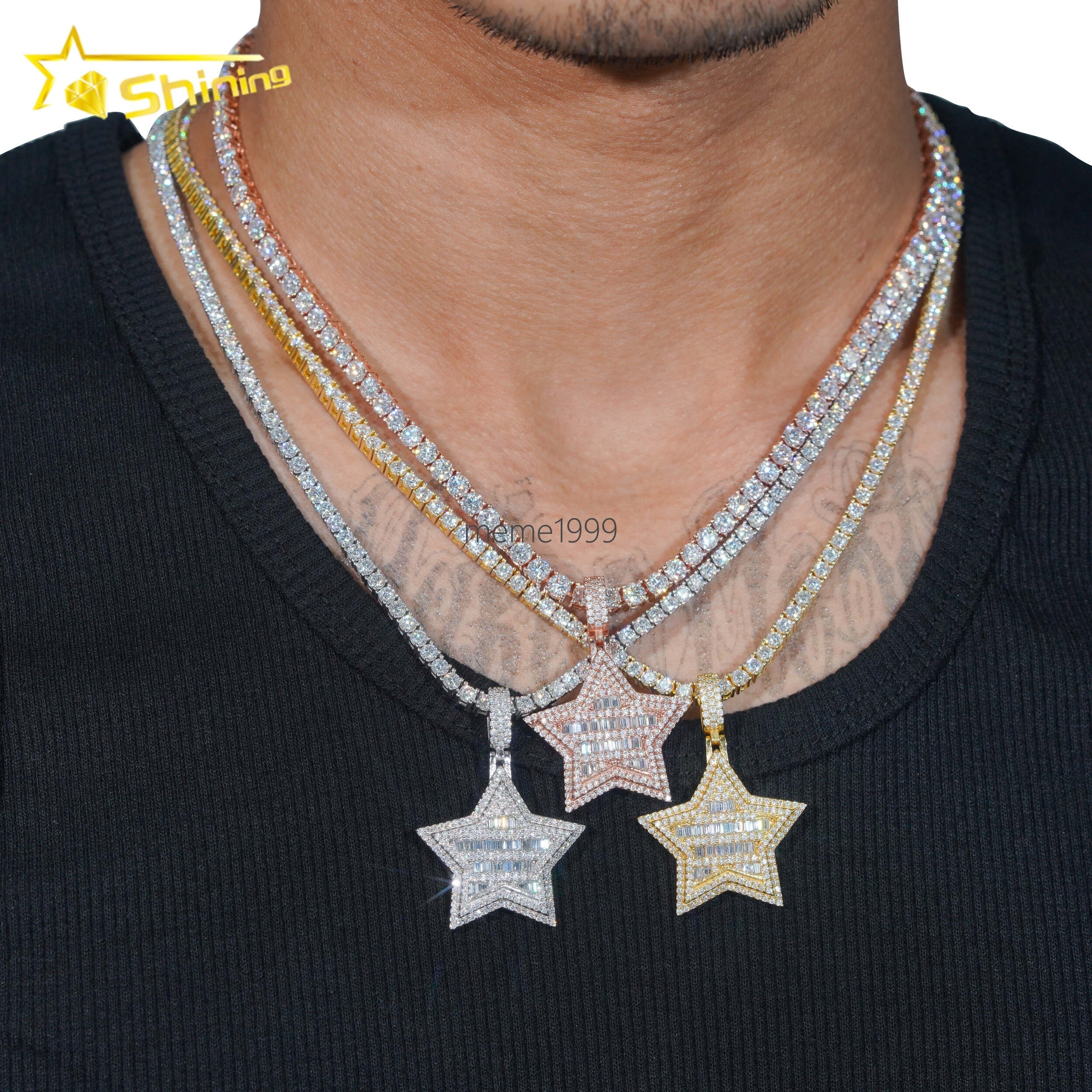 GRA Hip Hop Jewelry 925 Sterling Silver Gold Plated Star Shape Iced Out VVS Moissanite Pendant