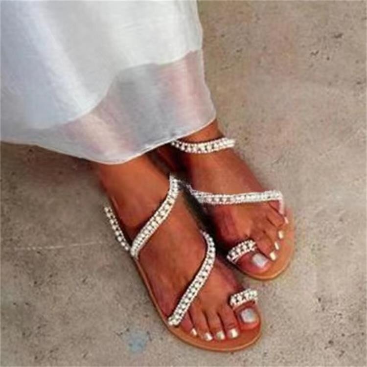 2025 Summer New Women's with Rhinestones and Beads, Open Toe Flat Sandals for Women, Plus Size Shoes ddmymoon
