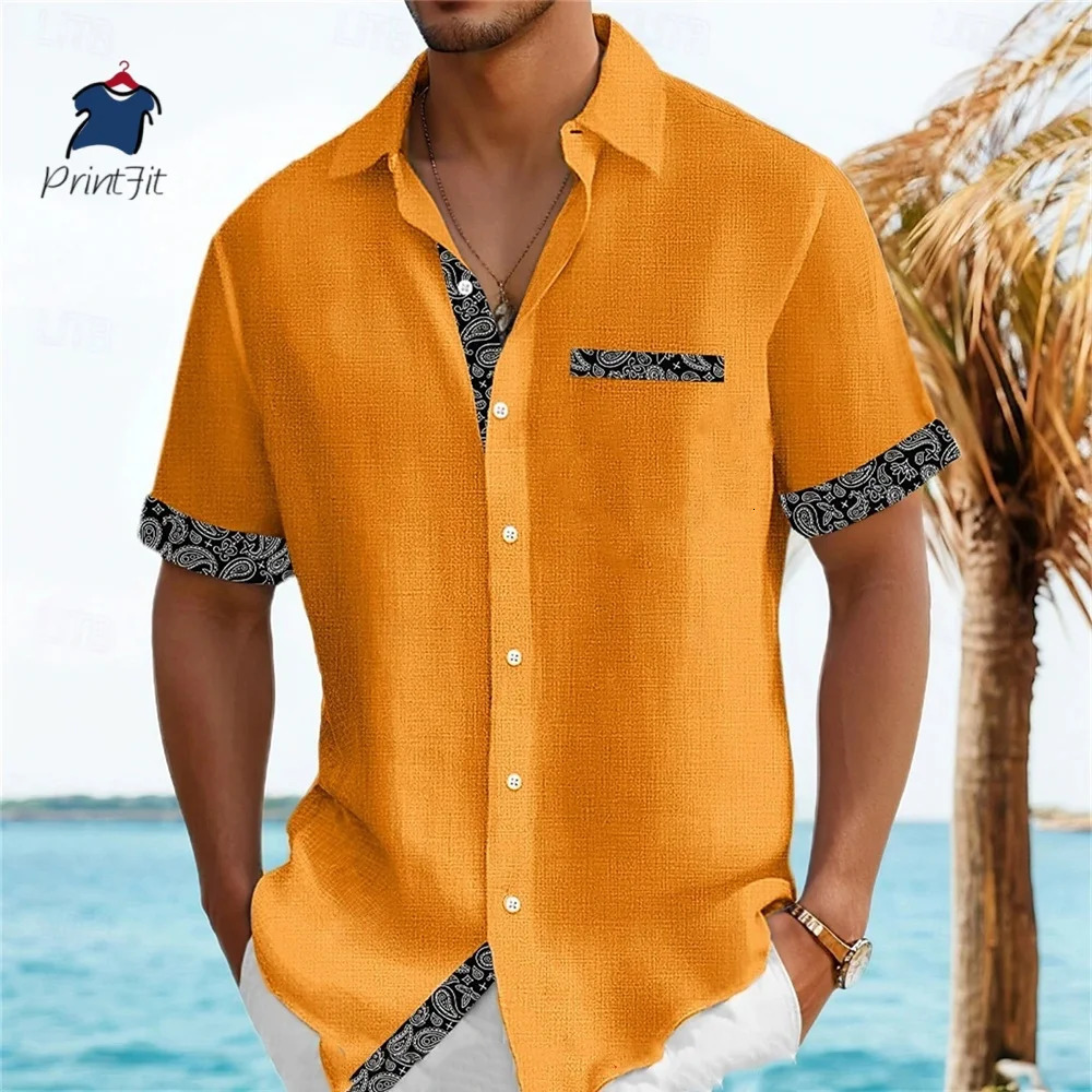 Ethnic Style Mens Color Blocked 3D Printed Button Neck Short Sleeved Shirt Highquality Hawaiian Beach Top Hemd Herren 250808
