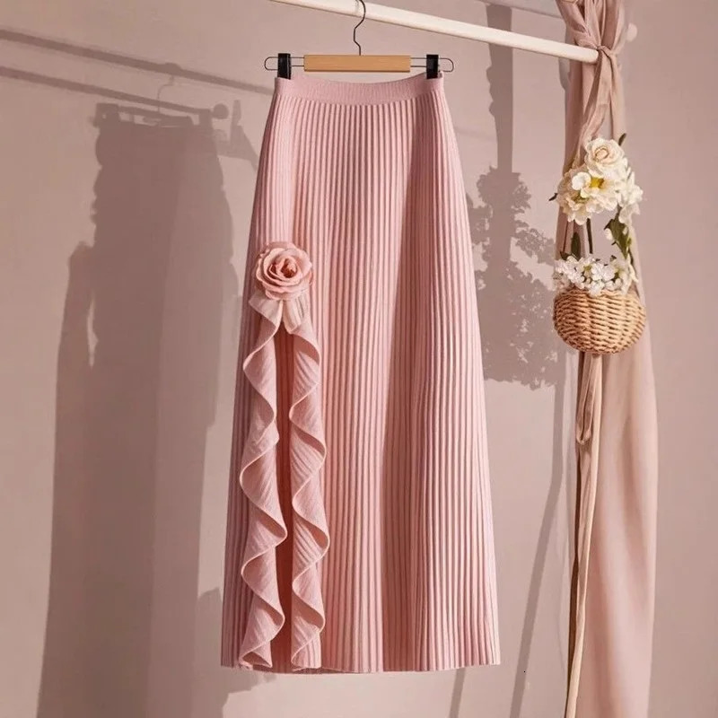 Spring Autumn Winter Elegant Irregular Pleated Skirt for Women Elastic A-line High Waist Midi Skirt White Black Flower Skirts 250820
