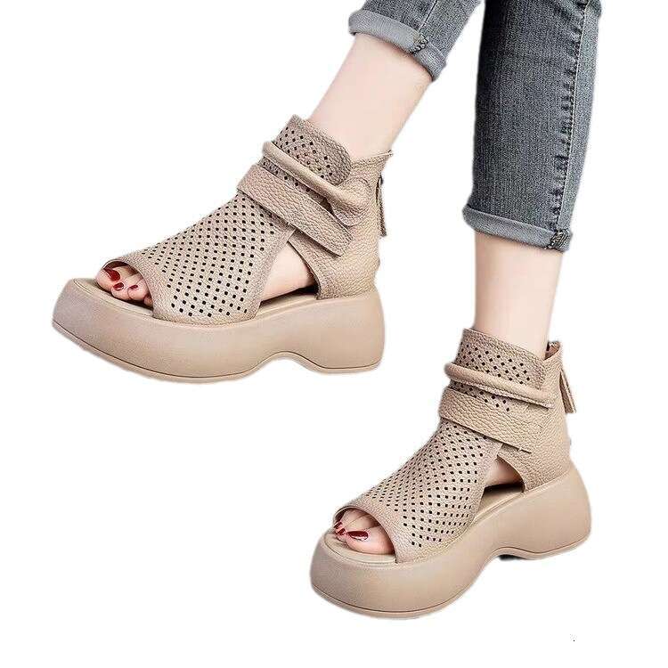 2023 Summer New Roman Fashion Internet Celebrity Thick-Soled Peep-Toe Sandals Hollow Platform High-Top Women's Shoes