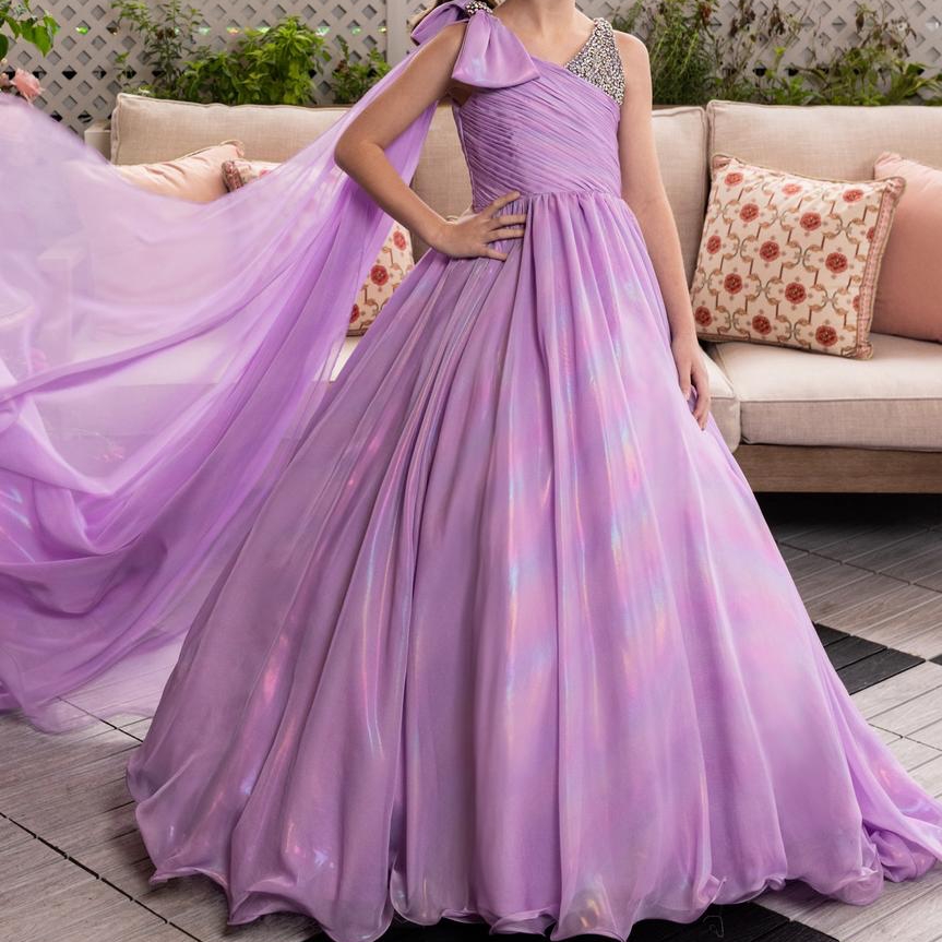 Turquoise Girl Mini Pageant Queen Dress Beaded Bow Iridescent Chiffon Long Little Kid Birthday Portrait Cocktail Party Gown Teen Miss On-Stage Appeara