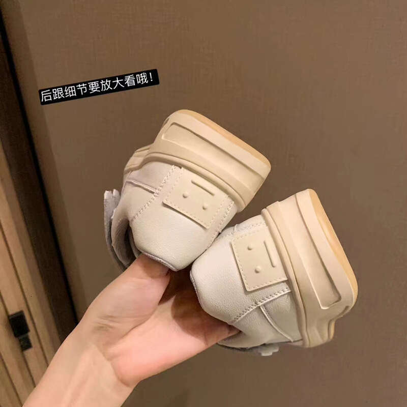 Sheepskin Version ~ Smiley Face Velcro White Sneakers for Women Genuine Leather Round Toe Thick Sole Versatile Casual Height Increasing Sports Shoes T