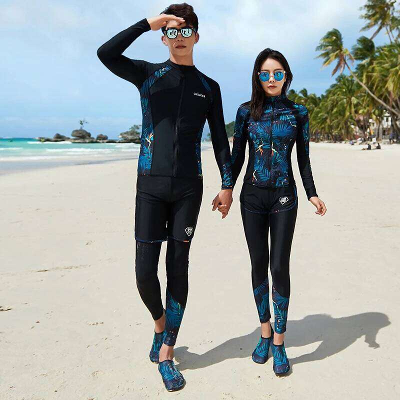 Sleeve Rash Guard Women Patchwork 5 Pieces Swimsuit Zipper Swimwear Bathing Suits Surfing Pad Long Pant Couples Men 3 Piece