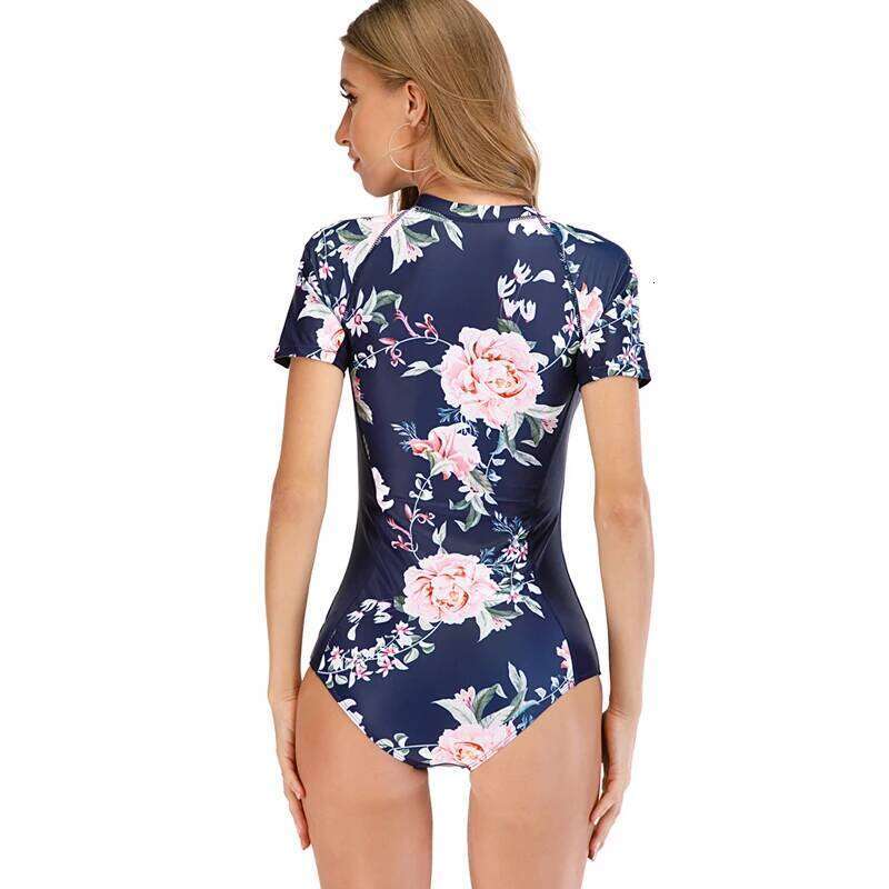 Women White Diving Short Sleeve Zipper Rashguard One-Piece Swimsuit Swimwear Surfing Top Rash Guard Sport Wear S-2Xl Upf50+