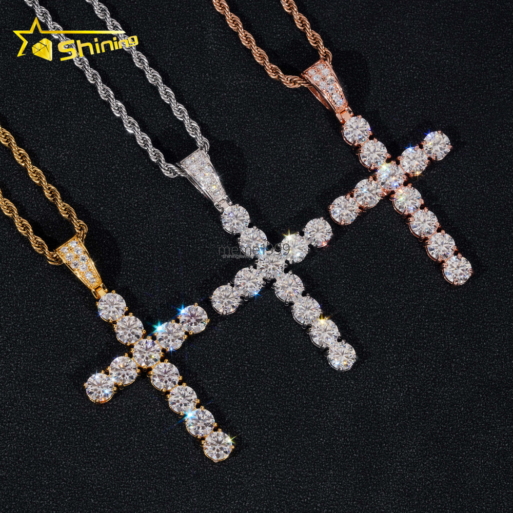 Bulk Stock Man Gift Hot Selling GRA Certified 925 Sterling Silver Gold Plated VVS1 Moissanite Diamond Solitaire Cross Pendant