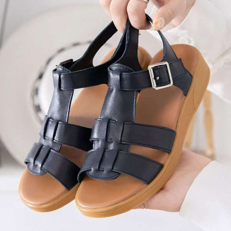 Top Layer Cowhide Women Shoes 2025 Summer New Korean Style Thick Sole Open Toe Woven One-Strap Buckle Sandals
