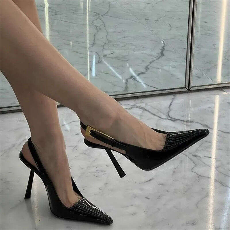 Same Style Rose Black Sandals 2025 Designer Shoes Spring Summer New Metal Buckle Pointed Toe Stiletto High Heels for Women