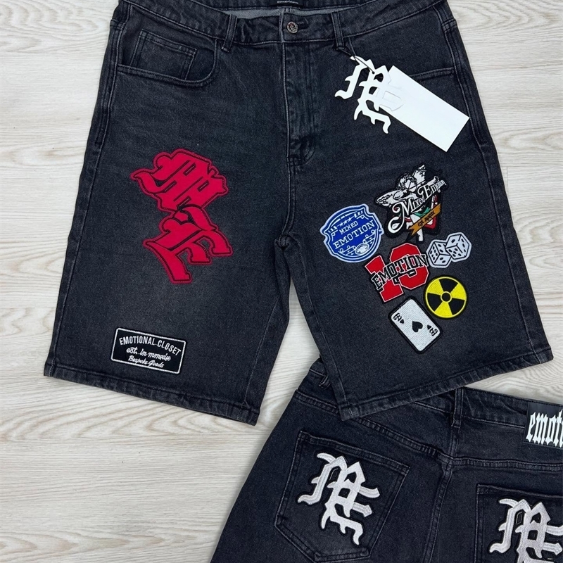 Streetwear Vintage Denim Shorts Y2K Jeans Hip Hop Cartoon Letter Embroidery Retro Black Baggy Short Low Waist Over The Knee Pant y250819