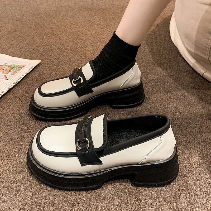 Thick-Soled Loafers for Women Slip-On 2023 Spring New British Style Platform Sole Small Leather Round Toe Mid-Heel Single Shoes