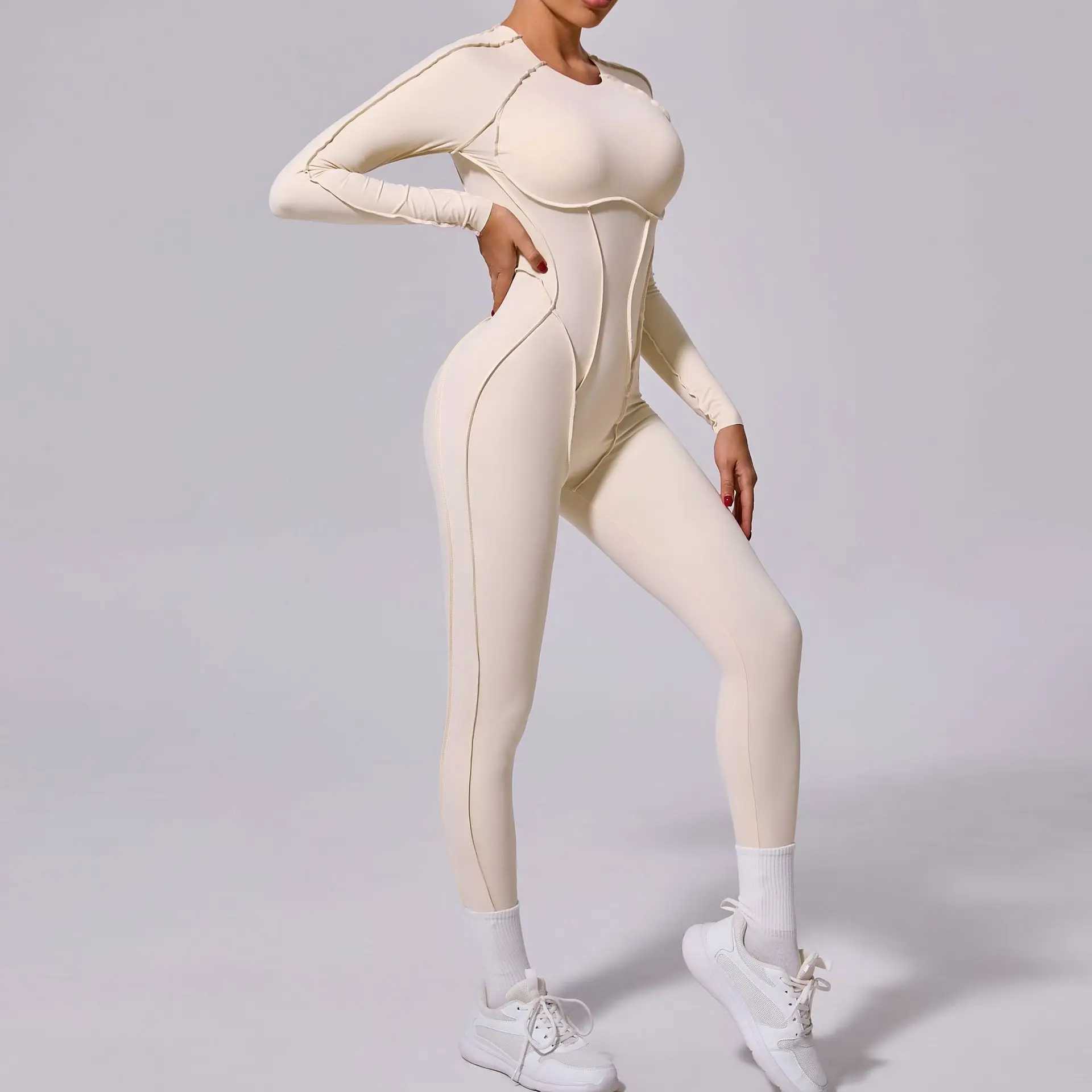 One-piece Yoga Set Jumpsuit Women Long Sleeved Set Quick Drying suit Gym Training Suit Sportswear Bodysuits Women Fitness Black S25820