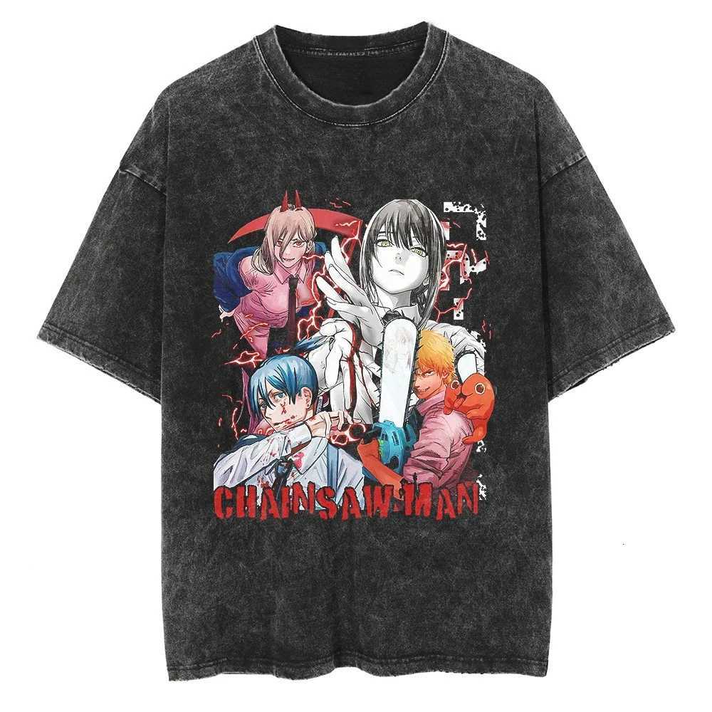 Unisex Oversized T-Shirt 2025 Chainsaw Man Japanese Manga Short-Sleeved Tees Retro Washed Cotton Heavy Summer Tops for Men Women Y250819