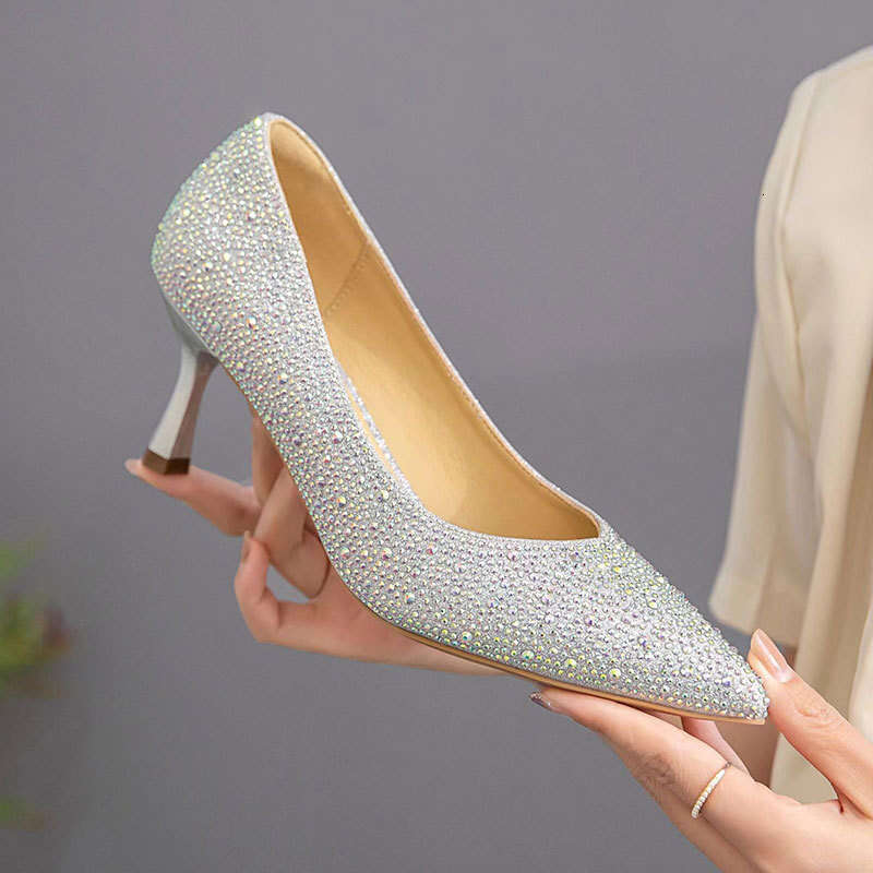 Full Diamond Elegant Pointed Toe Fashion Gold Rhinestone Stiletto Single Women Slip-On High Heels Ladies Wedding Shoes