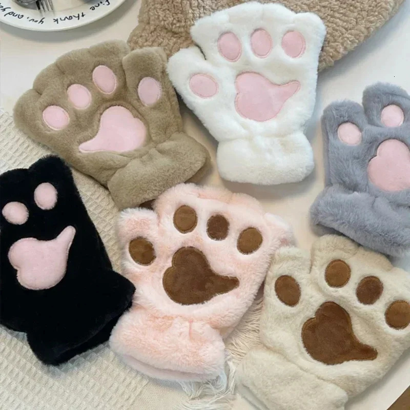 Lovely Plush Cat Claw Paw Gloves Mittens Warm Soft Short Fingerless Fluffy Bear Costume Half Finger 250811