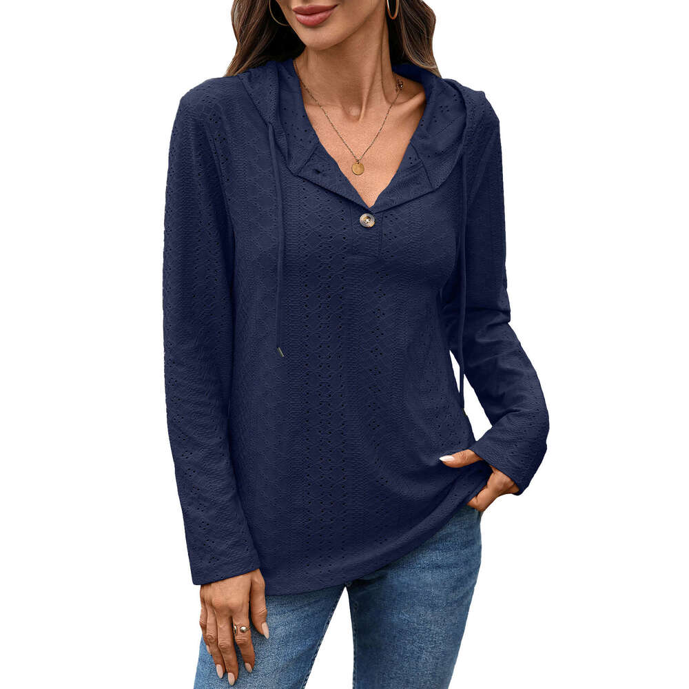 Autumn and Winter New Solid Color Button Hooded Loose Long Sleeve Sweatshirt for Women