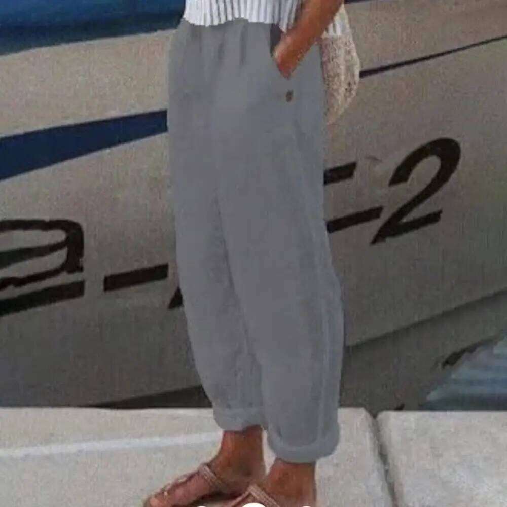 Cotton Flax Women Harem Solid Pockets Summer Elastic Waist Baggy Pure Color Sweatpants Elegant Casual Pants
