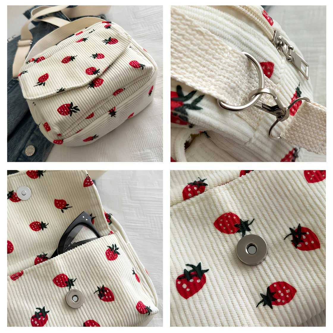 Cute Strawberry Print Corduroy Crossbody Bag Versatile Small Shoulder Purse Perfect for Daily Use Work Casual Travel Outings Y250819