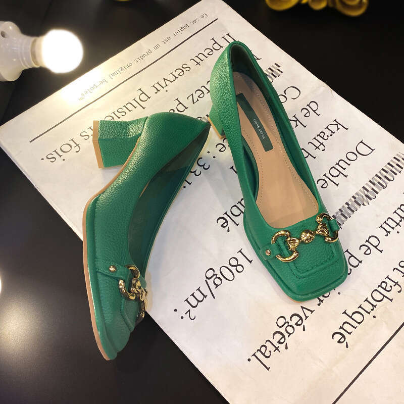 Fashionable Design Square Toe High Heels for Women 2023 New French Style Large Size Chunky Heel Single Shoes