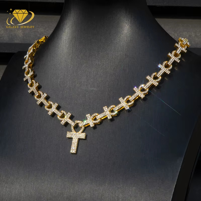Hip Hop Rock Style Rapper Fashion Jewelry Personalized Custom Ankh Necklace Iced Out Moissanite Cross Pendant Cuban Chain
