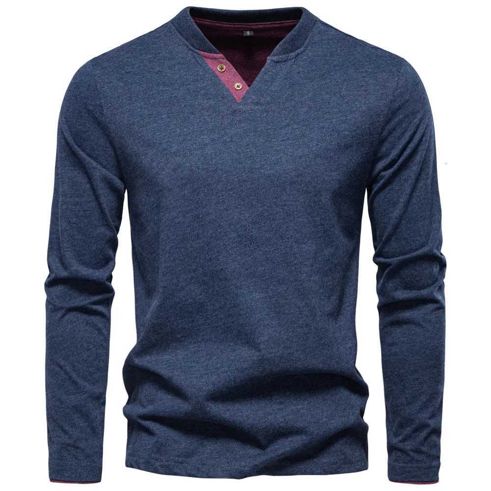 2025 Autumn Mens T-shirt 100% Cotton Henley T Shirt Men Casual Solid Color Long Sleeve Comfortable Fashion T-shirts for Men Y250819