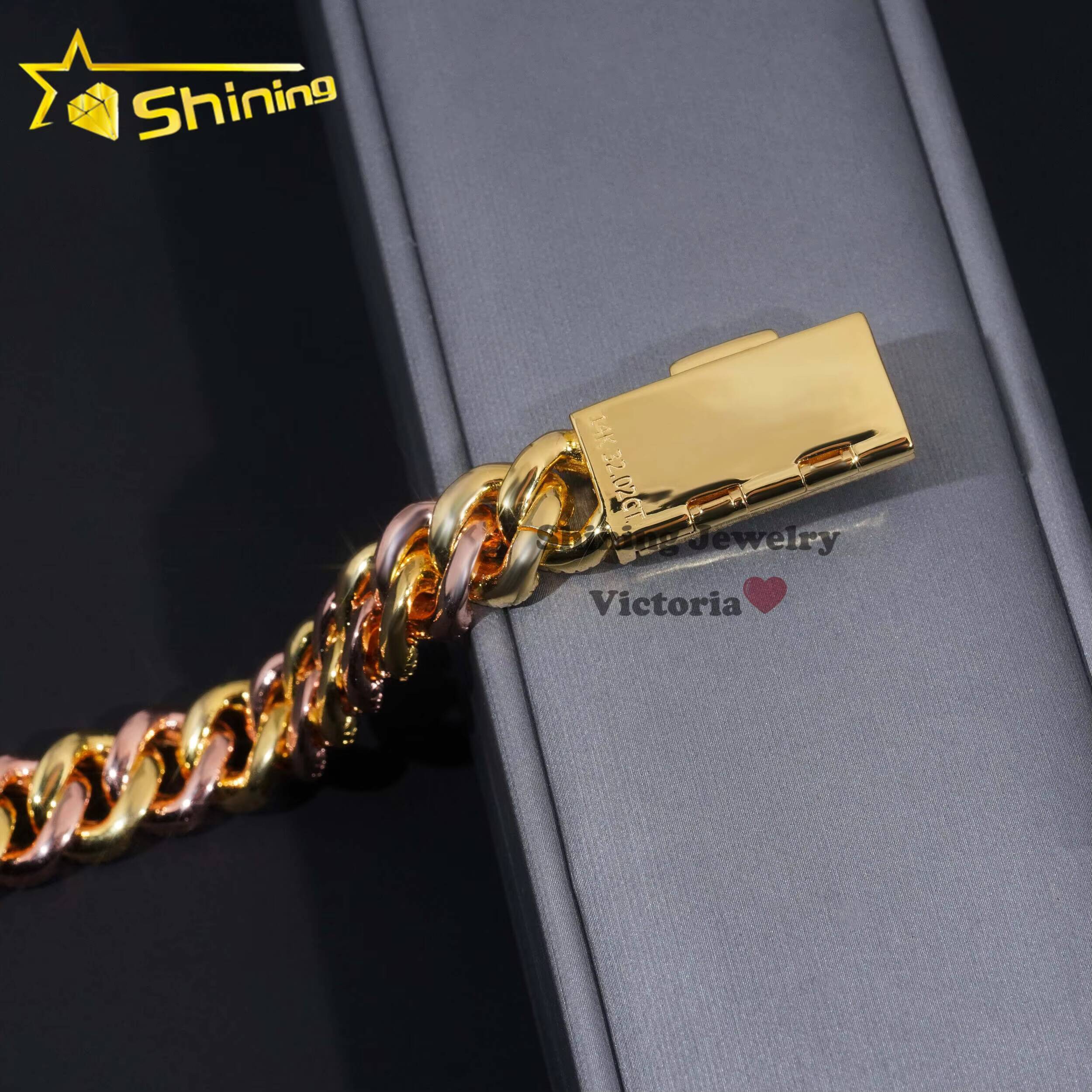 Hip Hop Iced Out 925 Sterling Silver Rose Gold Mix Yellow Gold 13MM Width Baguette Moissanite Cuban Link Chain Bracelet for Men