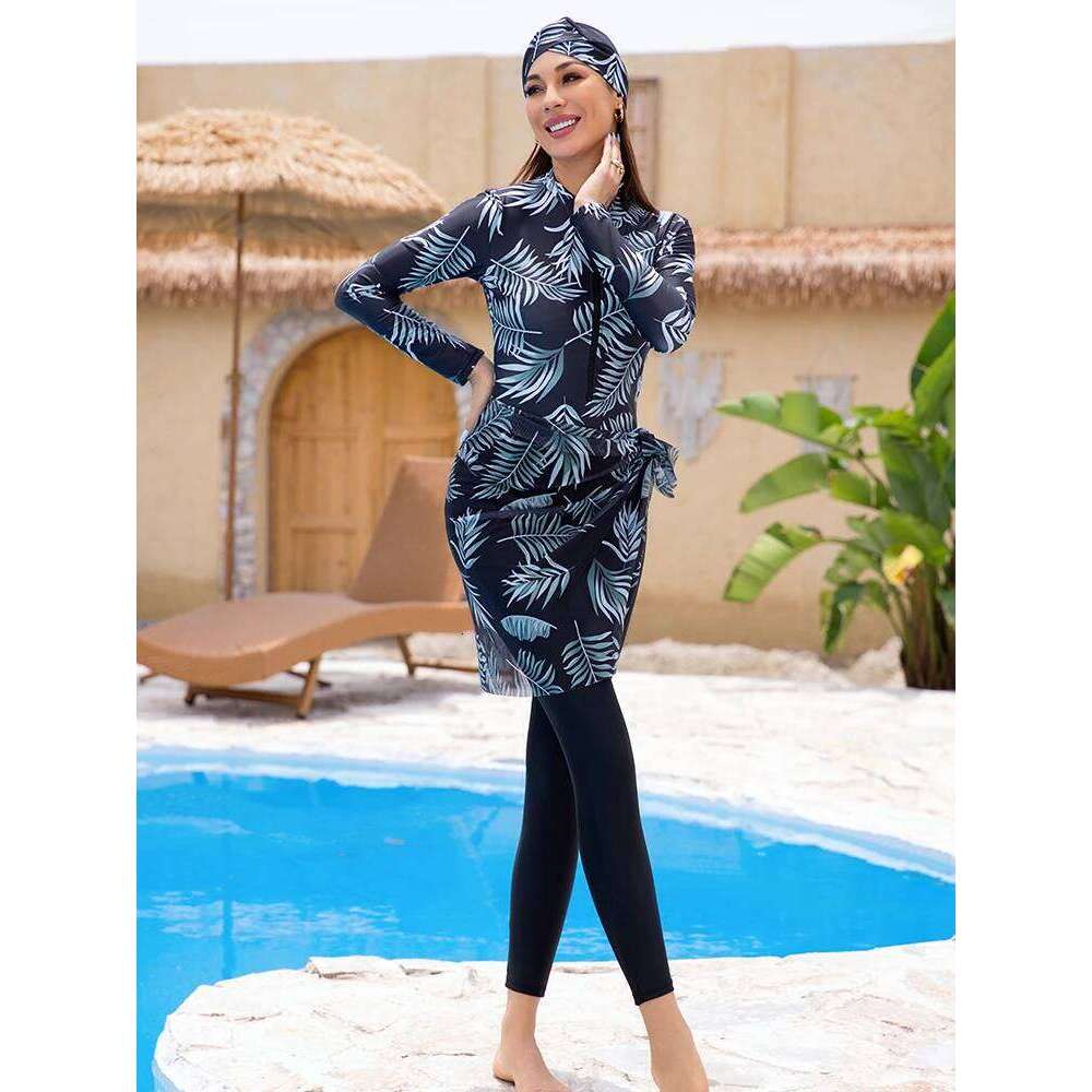 Summer Beach Floral Swimwear Swimsuit Women Swimming Suit Burkini With Shawl, Quick Drying, Upf50+