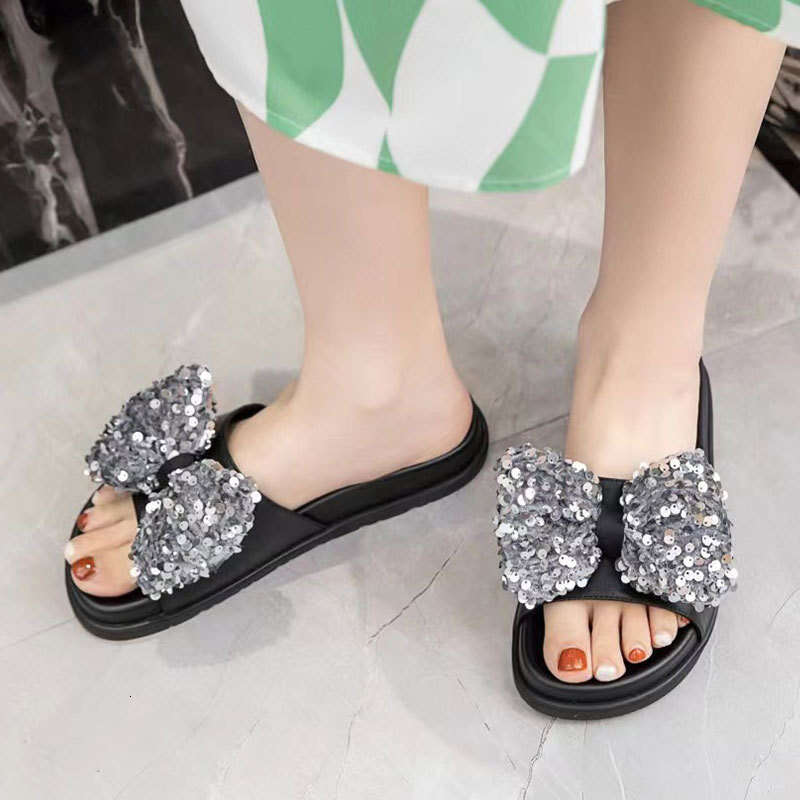 2025 Summer New Sequin Bow Thick-Soled One-Strap Sandals Women Open-Toe Platform Slippers with Cushioned Feel for Outdoor Wear