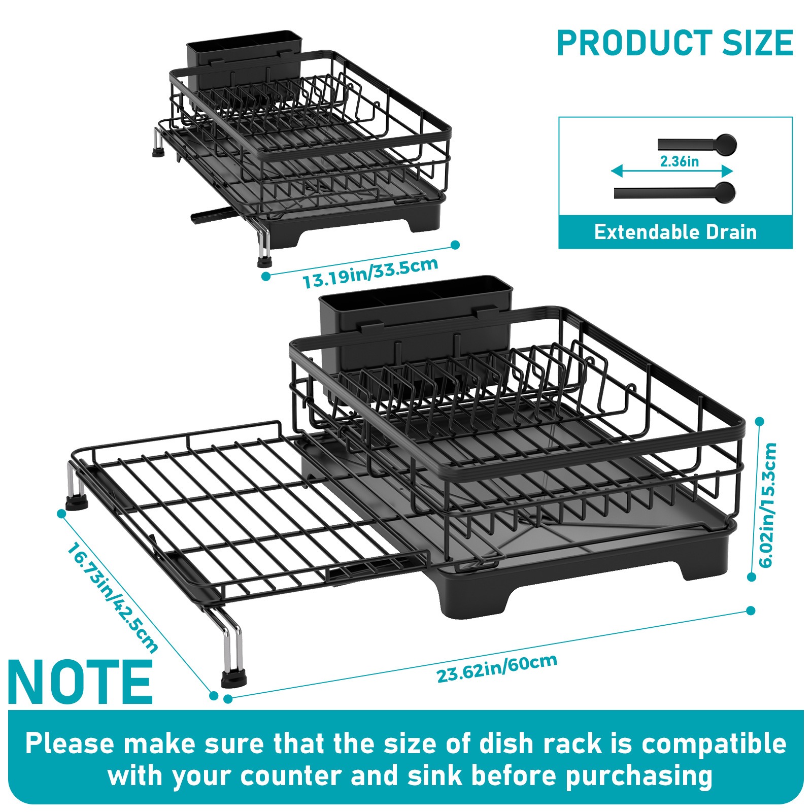 Extendable Dish Drying Rack for Kitchen Counter & Sink - Large Dish Drainer with Utensil Holder Anti-Rust Black Dish Rack Over The Sink Drying Rack & 