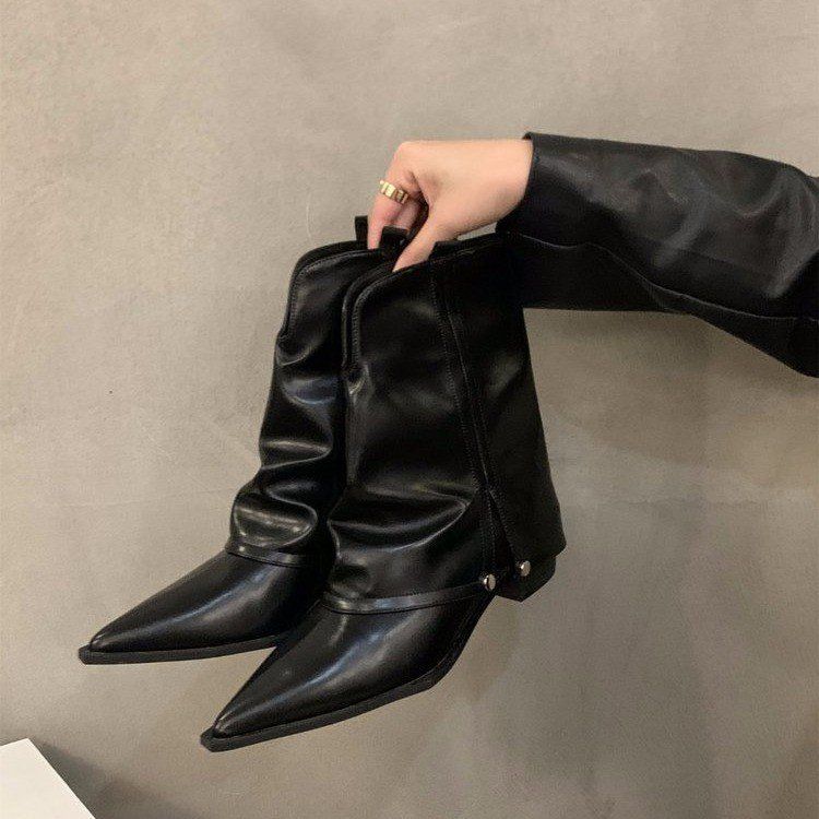 Ladies' chunky pointed-toe ankle boots 2025 Autumn/Winter new style ankle boots Retro Western cowboy boots black and brown free shipping