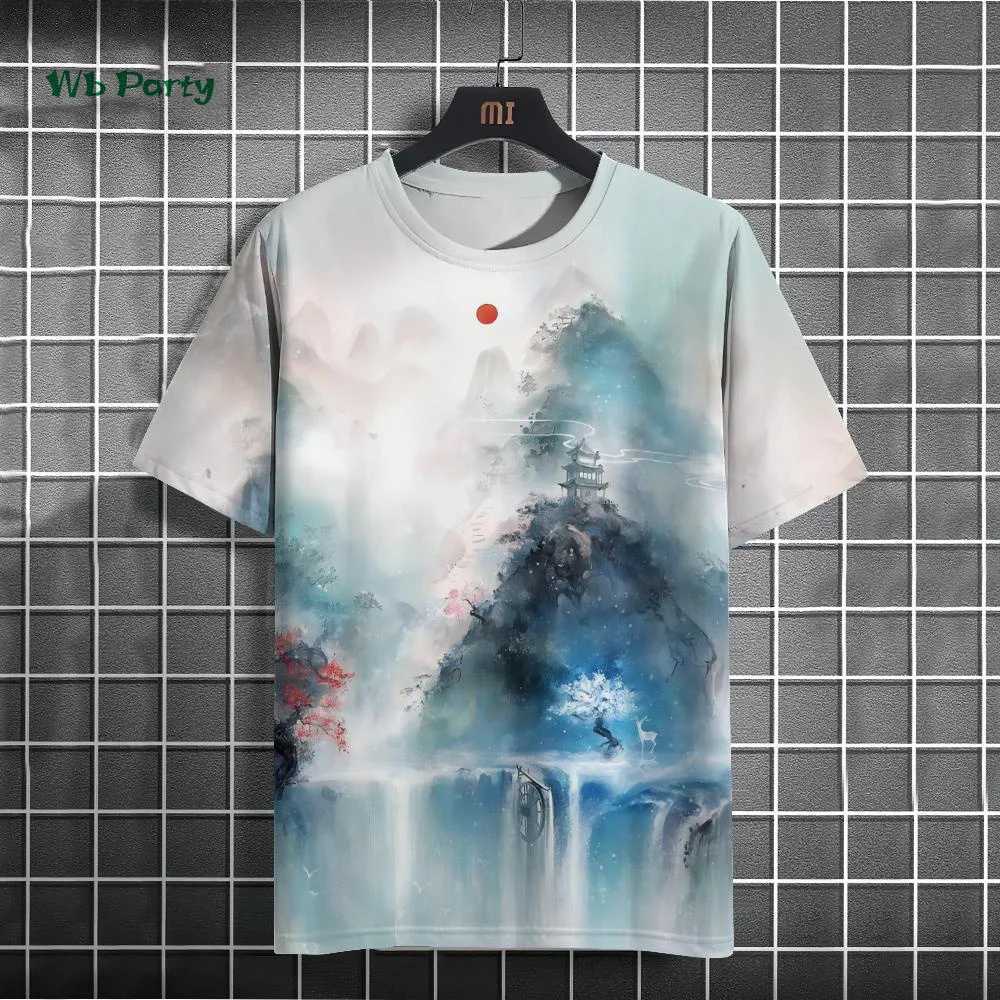 Fashionable mens T-shirt with ink painting print short sleeved T-shirt oversized casual top summer mens daily outdoor clothing Y250819