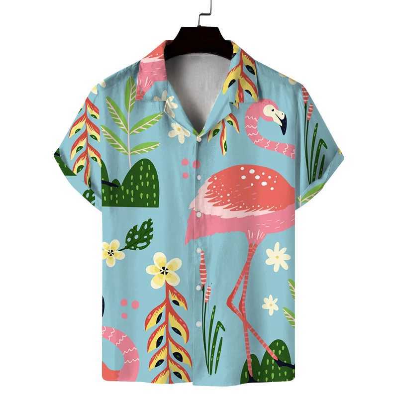 Mens summer Cuban collar short-sleeved shirt with summer style flamingo print mens shirt comfortable breathable and versatile Y250819