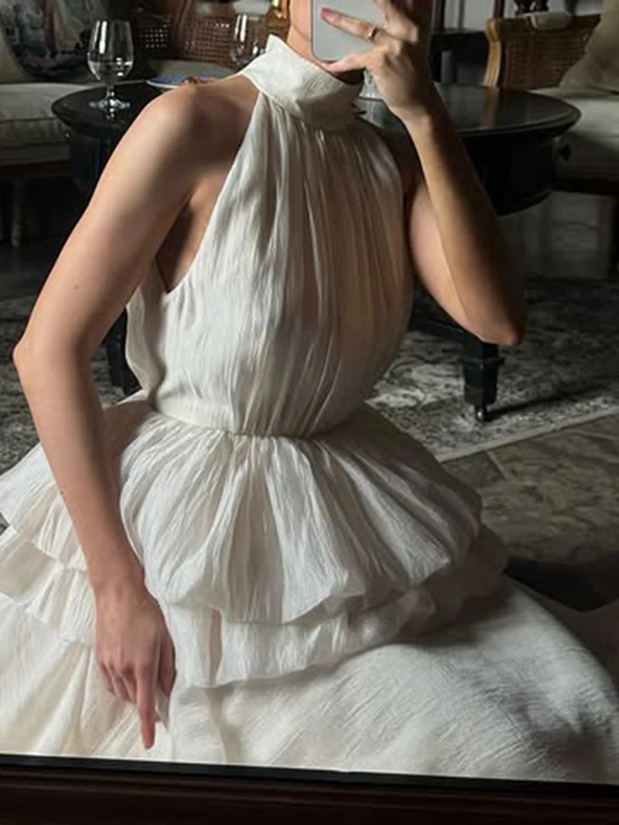 VGH Solid Evening Spliced Ruffles Maxi Dresses for Women High Neck Sleeveless Tunic Temperament Ceremony Dress Female Clothing 250815