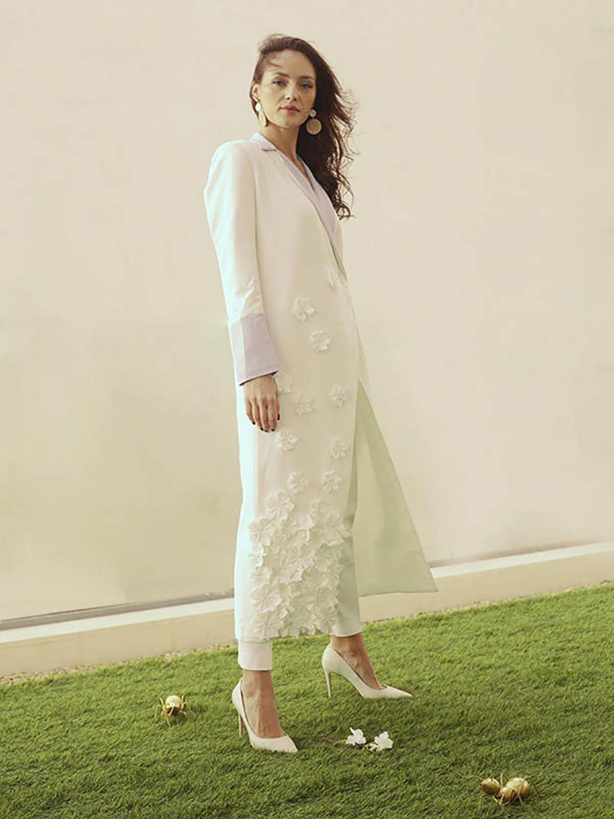 Elegant 2 Pieces Women Suits One Button 3D Flowers Long Coat Office Ladies Work Loose Fit Wedding Party Wear