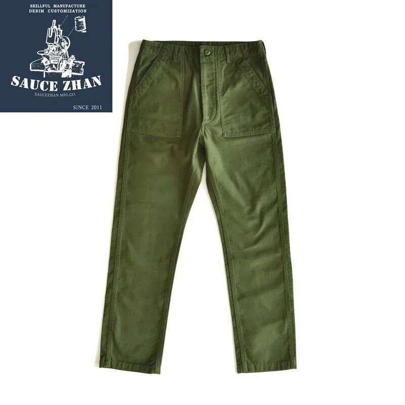 SauceZhan OG107 Fatigue Utility Military VINTAGE Classic Olive Sateen Men's Baker Pants Satin Cotton Straight Fit