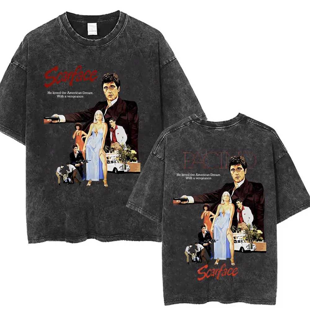 90s Classic Gangsters Movie Scarface Double Sided Print T-shirts Tony Montana Al Pacino Vintage Washed Tshirt Men Rock T Shirts Y250819
