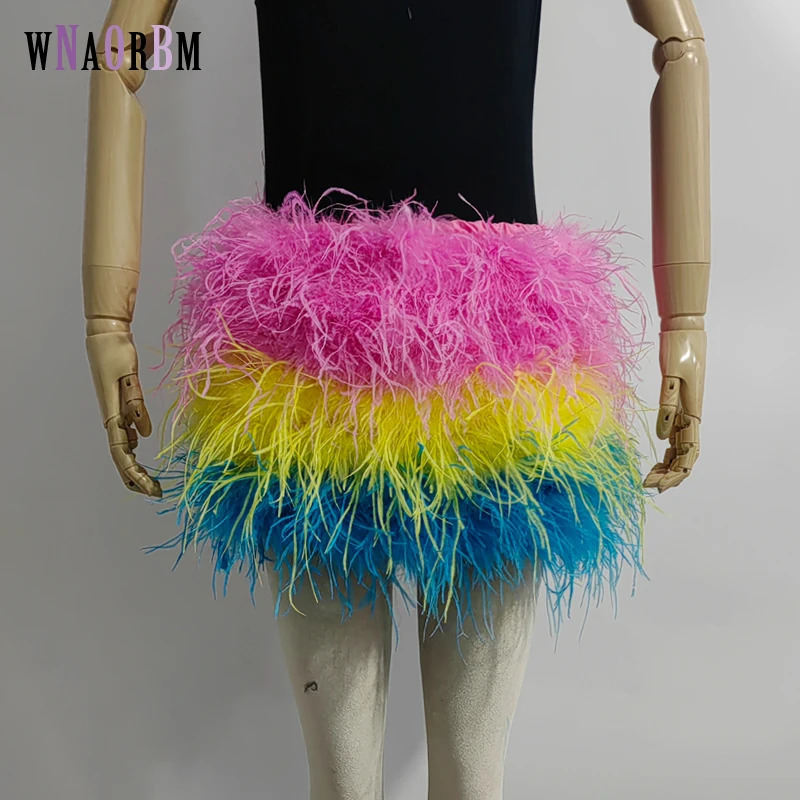 True ostrich feather Multicolor Mini Skirt Elastic Waist Sexy Clothing Club Party Dance Rave Short Note select 3 colors 250820