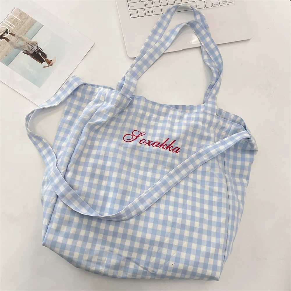 Korean Candy Plaid Lady Tote Bag Sweet Casual Women Crossbody Bag Large Capacity Printing Canvas Shouder Bag Student Handbag Y250819